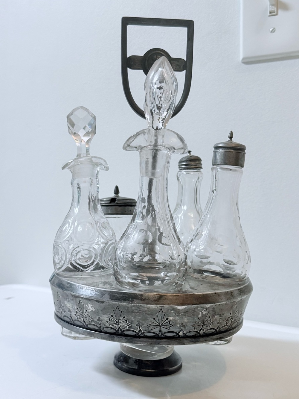 Antique-Style Glass Cruet Set with Silver-Tone Carrier and etched glass bottles